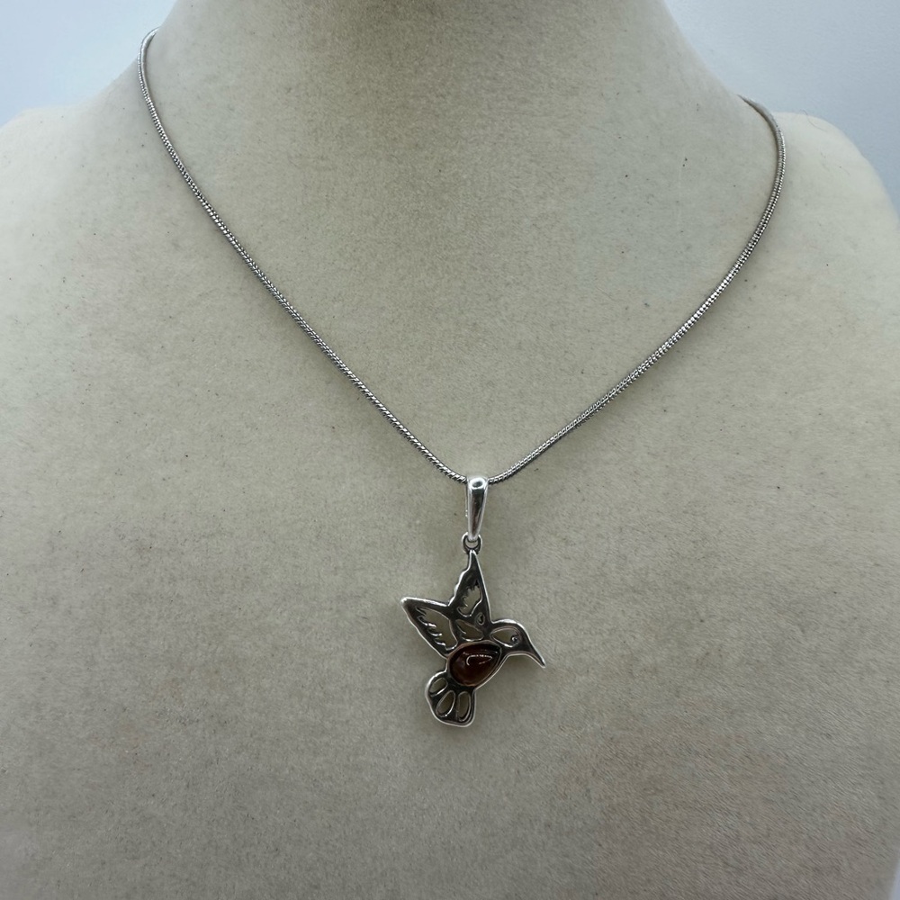 Silver and Amber Hummingbird Pendant Necklace on Silver Plated Snake Chain - Picture 3 of 8